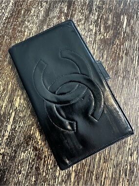 Chanel Black Quilted Leather Logo 2 Fold Large Wallet